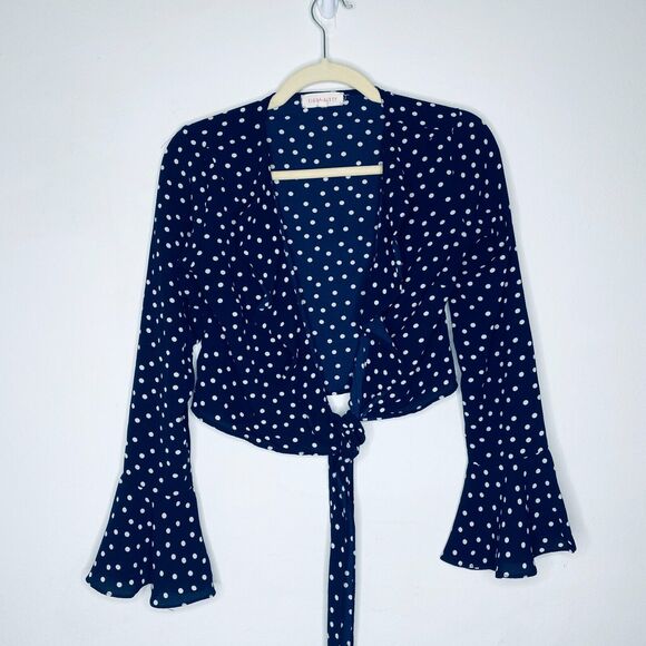 Revolve Eight Sixty Navy Cream Polka Dot Wrap Front-V Bell Sleeve Crop Top SM - Picture 6 of 9